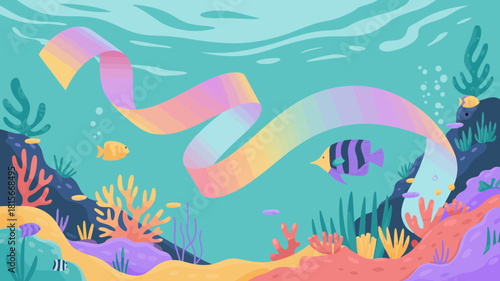 Vibrant rainbow ribbon flows through a colorful underwater coral reef scene with fish.