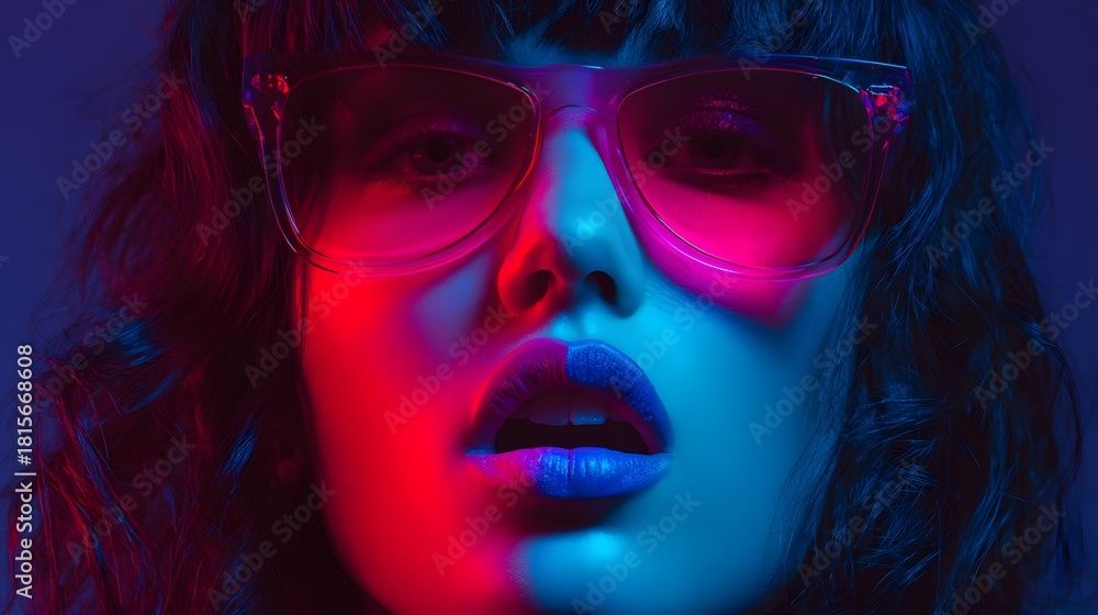 Obraz premium Close up portrait showcases striking neon lighting split across a woman wearing large frames