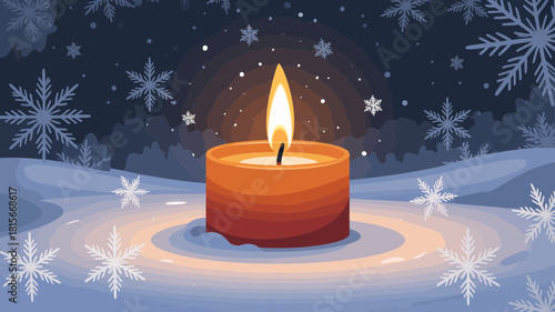 A warm glowing candle illuminates a serene winter landscape with falling snowflakes.