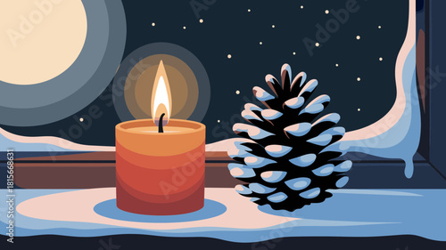 A glowing candle and snowy pinecone rest on a window ledge during a peaceful winter night.