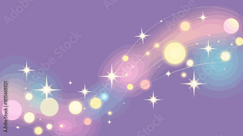 A whimsical abstract background features a flowing stream of colorful bubbles and glowing stars