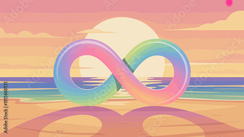 A vibrant rainbow infinity symbol floats above a peaceful beach at sunset, representing neurodiversity.
