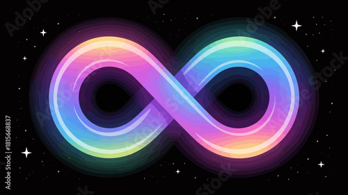 A vibrant rainbow infinity symbol glows against a dark starry background.