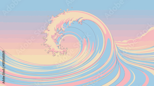Elegant vector illustration of a powerful ocean wave rendered in soft pastel hues