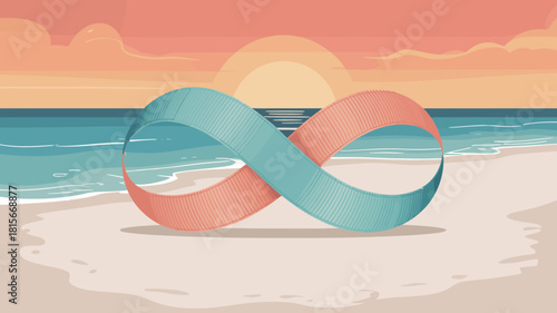 An abstract infinity symbol in teal and peach hues rests on a serene beach at sunset.