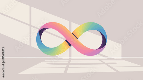 A vibrant rainbow infinity symbol floats in a modern room bathed in window light and shadows.