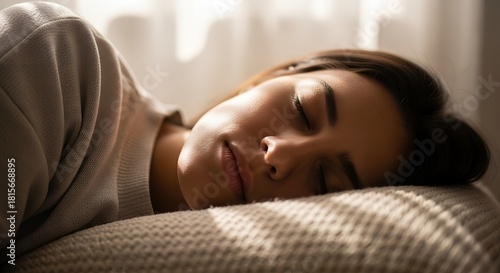 Serene woman resting peacefully on a pillow in sunlight.