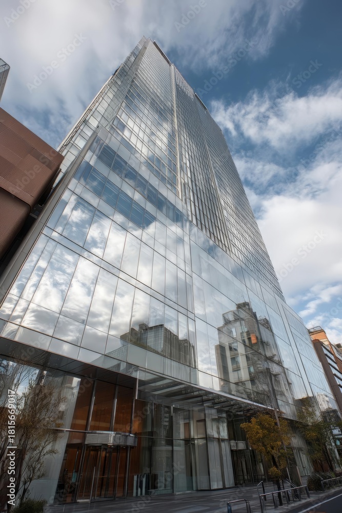 Naklejka premium Modern Glass Skyscraper Reflecting Sky and Cityscape.