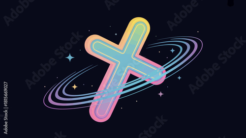 Colorful X letter in a cosmic scene featuring orbiting rings and twinkling stars