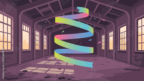A colorful abstract ribbon gracefully spirals through an empty, old hall bathed in golden light.