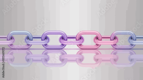 A horizontal row of shiny pastel-colored chain links reflects on a smooth surface.