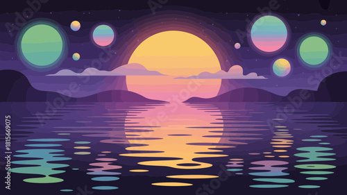 Vibrant fantasy landscape with a large sun reflecting on water under colorful celestial spheres