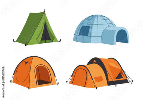 A collection of four different types of shelters including camping tents and an ice igloo for outdoor and arctic themes.