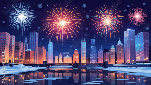 A vibrant cityscape at night, illuminated by dazzling fireworks reflecting on the icy river
