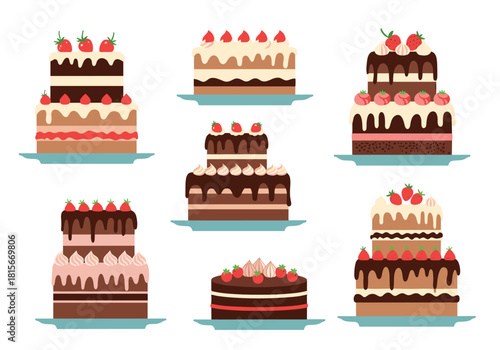 Delicious collection of festive multi-tiered celebration cakes decorated with chocolate frosting strawberries and cream for dessert.