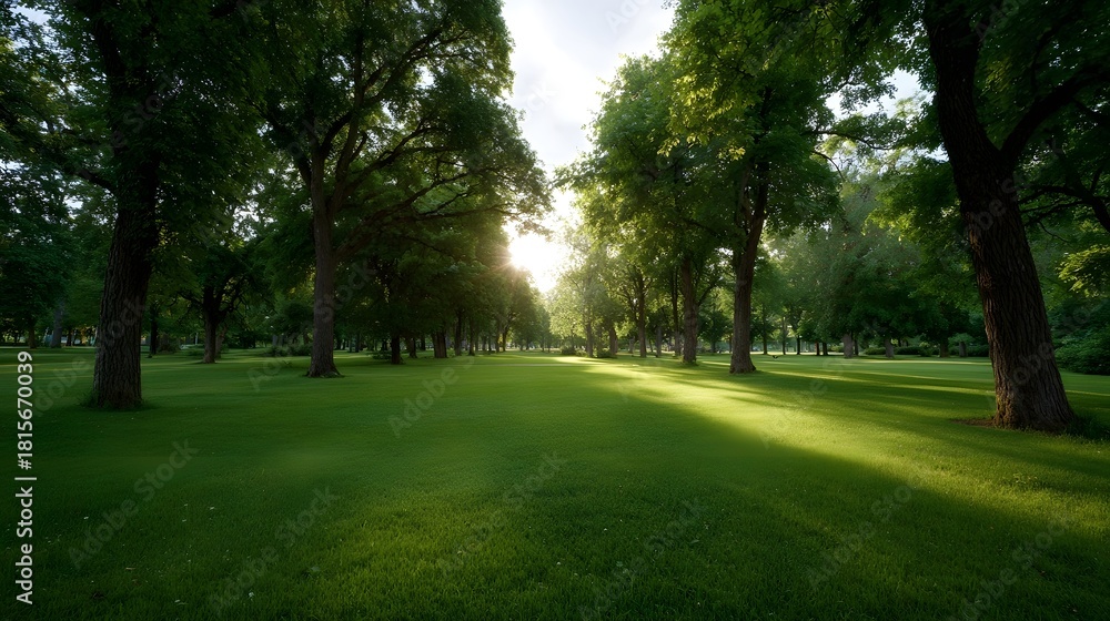 Obraz premium A sunlit park pathway bordered by lush trees and vibrant green grass in the morning
