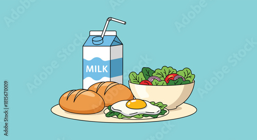 Cartoon illustration of a balanced and healthy breakfast meal on a plate with milk, bread rolls, a fried egg, and a fresh garden salad.