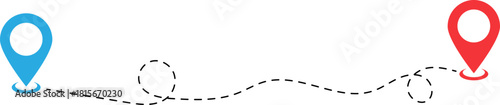 Two map pins connected by a dashed line route