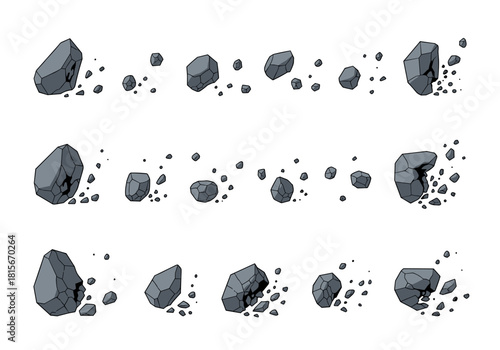 Cartoon animation sprite sheet showing the sequence of a gray stone exploding and breaking into smaller rock fragments.