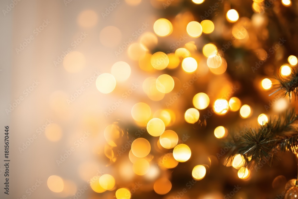 Obraz premium Golden light bokeh creating a festive and abstract Christmas background, featuring blurred tree branches and ample copy space