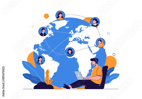 Concept of global communication and remote work with a man using a laptop to connect with people around the world online.