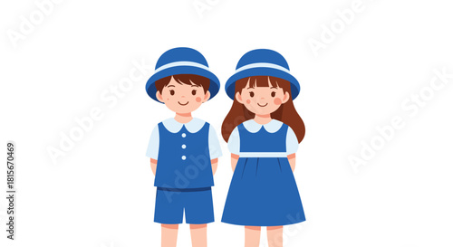 Cute cartoon illustration of a smiling boy and girl, possibly twins or students, wearing matching blue school uniforms and hats.