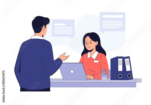 Female receptionist at a desk with a laptop providing customer service and information to a male client in an office setting.