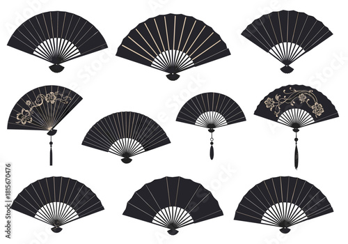 Elegant collection of traditional black and gold Japanese and Chinese folding fans with decorative floral patterns and tassels.