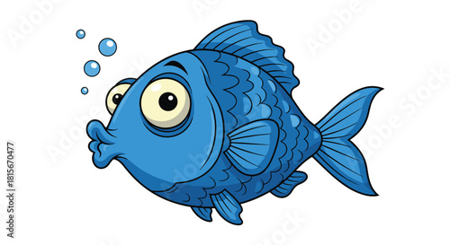 Cartoon of a cute, chubby blue fish with big googly eyes and puckered lips, blowing little bubbles, isolated on a white background.