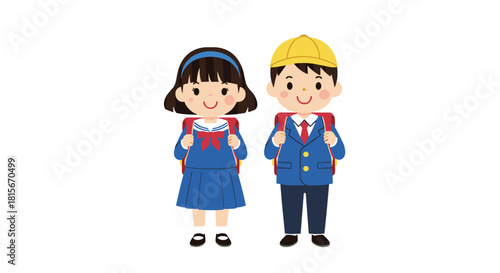 Happy elementary school students, a boy and a girl, in Japanese-style uniforms carrying red randoseru backpacks on a white background.