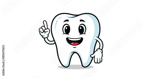 Friendly cartoon tooth character smiling and pointing up with its index finger, representing a great dental idea or advice.