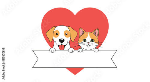 Cute dog and cat holding a blank white banner for custom text, framed by a large red heart, perfect for announcements or greetings.