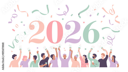 Cheers to 2026: A vibrant illustration of a jubilant gathering of people celebrating the arrival of the year 2026, with colorful confetti and streamers filling the air.