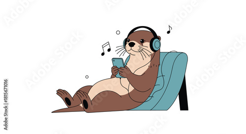 Relaxed cartoon otter wearing headphones, listening to music from a smartphone while lounging comfortably in a chair on a white background.
