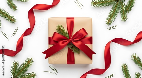 Wrapped Gift with Red Ribbon and Evergreen Sprigs on White