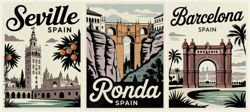 Vintage vector travel poster triptych of Seville, Ronda, and Barcelona featuring iconic landmarks, palm trees, mountains, and retro mid-century modern design in muted tones