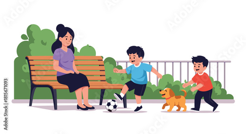 Mother sitting on a park bench watching her two young sons play soccer with a happy puppy, enjoying a sunny day outdoors together.