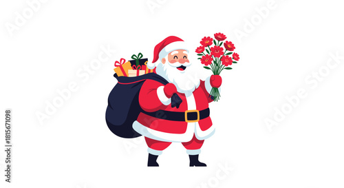 Cheerful Santa Claus character illustration carrying a large sack full of gifts and holding a bouquet of red flowers on white.