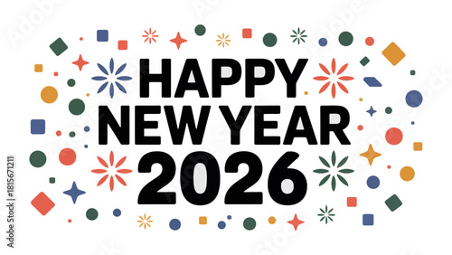 Celebratory New Year 2026 Typography: Vibrant typography announces the arrival of 2026, surrounded by festive shapes, radiating a sense of joyful anticipation and celebrating the dawn of a fresh year.