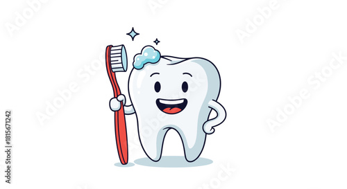 A happy and healthy cartoon tooth character is smiling while holding a red toothbrush with sparkling toothpaste on it, promoting hygiene.