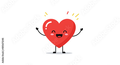 An adorable and happy red heart character with arms and legs, smiling and cheering with joy, isolated on a white background.