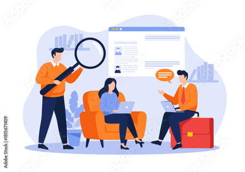 Human resources concept with a team recruiting new employees by reviewing resumes and conducting a job interview in the office.