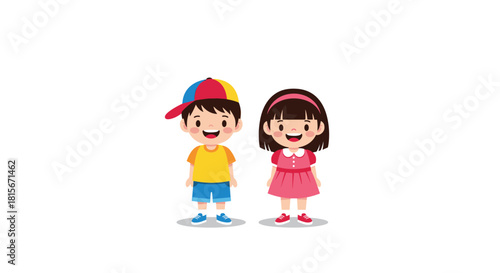 Cute and happy cartoon illustration of a little boy and girl standing together, wearing colorful casual clothes and smiling.