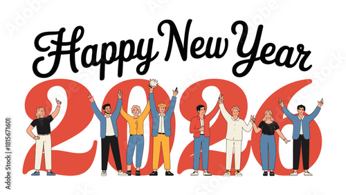 A Toast to a New Dawn: A diverse assembly of individuals joyfully celebrate the dawn of a fresh year with arms raised high, united in cheerful spirits.