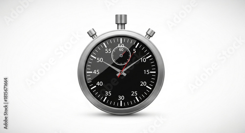 A detailed illustration of a classic analog stopwatch with a black face and silver casing, used for precise time measurement, isolated on