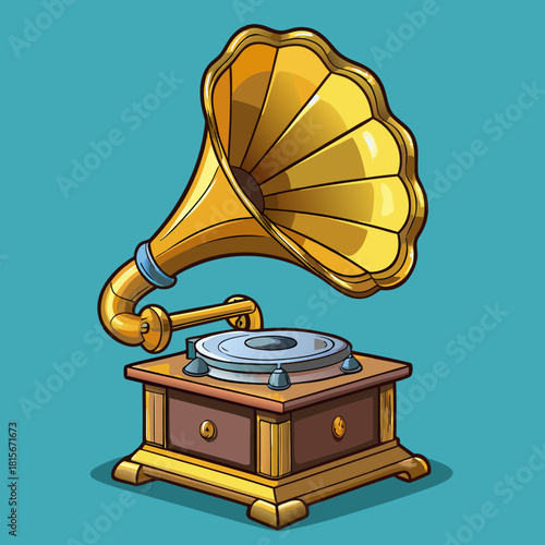 Vintage gramophone with golden horn and wooden base on teal background