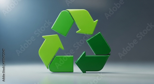 Green recycling symbol on reflective surface against bluegrey background, representing environmental protection, sustainability