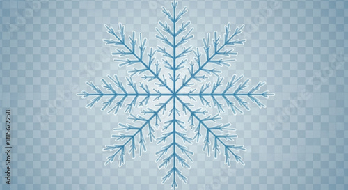 Elegant blue snowflake crystal on a light blue checkered background, representing winter, ice, frost, cold weather, and festive holidays