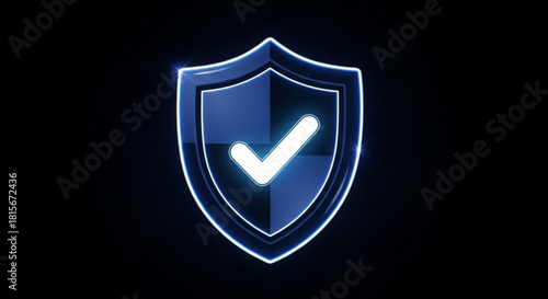 A glowing blue shield with a white checkmark symbolizing digital security, data protection, and online privacy on a dark background