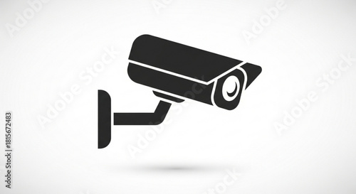 Black security camera icon, mounted on a wall, representing surveillance, safety, and protection, isolated on